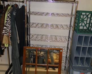 Metal wine rack, mirror window frame, and a couple of great colored prints