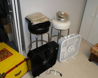 Couple of fans, a couple of bar stools, and a fun trunk for storage