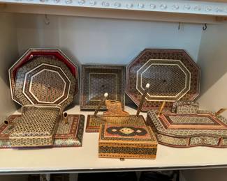 Vintage Persian inlaid boxes and desk sets
