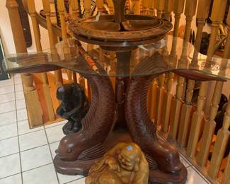 Wood carved Fish Table, Stone Buddha, Wood Serving Platters