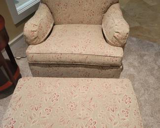 Ethan Allen  Beautiful Tan / Red Flower Chair With Ottoman 