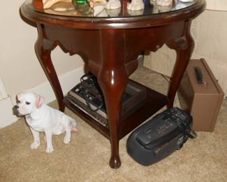 End Table, Dog Figurine and electronics