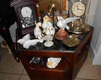 Clocks, Dove, Geese on End Table