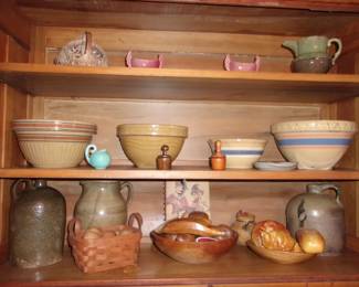 Yellow Ware Bowls, Butter Molds, Wooden Bowl w/Wooden Fruit, etc