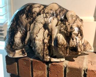 Navajo horsehair signed S. Smith pottery. Bear with fish.