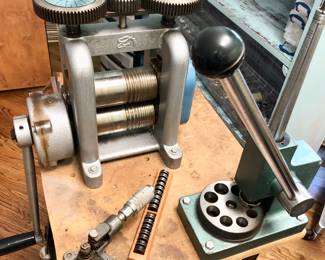 Jewelry wire and metal roller press and 2 industrial strength ring sizers/stretchers