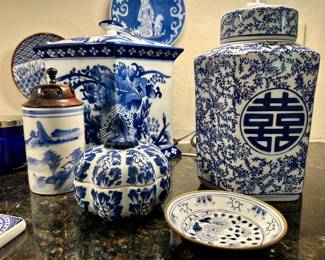 Blue and white glass ware, pottery, and dishes 