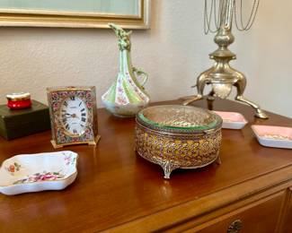 Vintage Quartz clock, Singer sewing machine and cabinet side table, jewelry box, German porcelain 