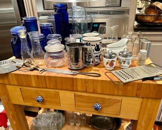 Butcher block table/island and vintage kitchen ware