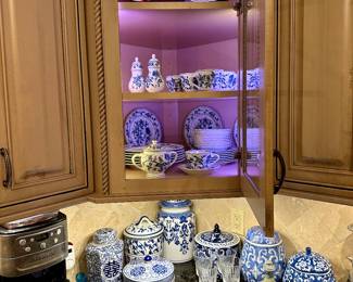 Blue and white style fish ware, plate sets, and more. 
Coffee maker