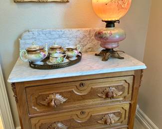 Antique Gone With the Wind style lamp, incredible hand made and custom built real wood dresser with marble top and wood wheels. 
Vintage porcelain tea set 