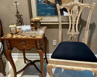 Sip and smoke trays, chair, table, clock, and cigarette holder with lighter 