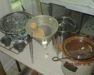 Vintage Masher, crockpot and colanders 