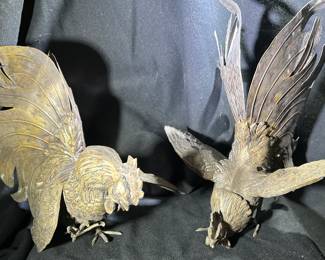 Pair Vintage Brass Fighting Roosters