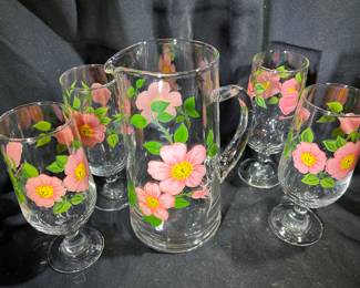 Franciscan Desert Rose Clear Glass Pink Flowers Juice/ Cocktail Pitcher & Glasses