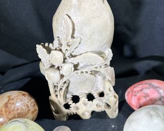 Vintage Asian Carved Soapstone Floral Vase Decorative Sculpture and Marble Eggs