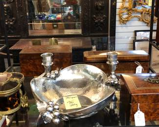 Large heavy sterling silver bowl, antique French inlaid boxes, French tea caddy
