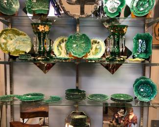 Green Wedgwood & French leaf majolica 