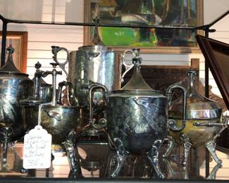 Victorian silverplate  coffee and tea set with Rare dinner bell 