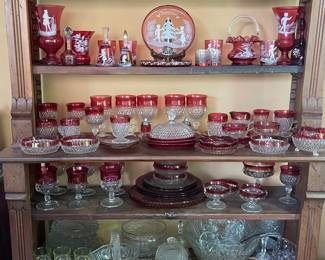 Antique Eastlake display cabinet, just look at the stunning collection of Indiana Glass in cranberry!!