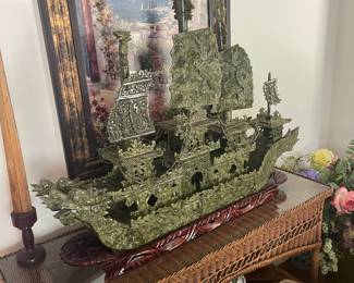 Large original jade dragon ship boat carving hand made in China about 45 inches long 