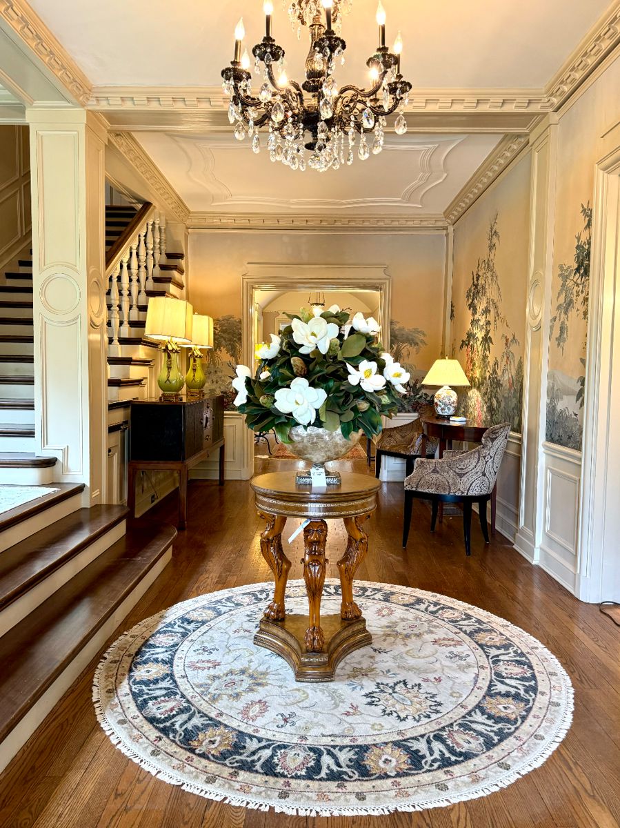  SOLD (rug still avail)  Join us for a fabulous sale in an historic Clayton, MO home. BEAUTIFUL,Large, life-like Magnolia Floral Arrangement  29Dx32H 