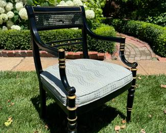 SOLD Neoclassical Cane Back Chair in Black and Gold - 23”x21”x36”