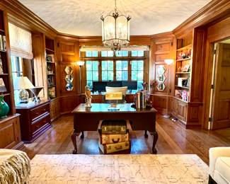 SOLD Hekman executive desk with ball and claw feet - 58x29x30; SOLD vintage hard case suitcases; SOLD Brass desk lamp; SOLD Dapper golfing dog figure - 16x6; SOLD turquoise vase; SOLD Wildwood handpainted porcelain table lamp - 17x24h; large pedestal chinoiserie bowl - $350 - 16dx14h; SOLD Hexagon mirror - 12x10.5; Parliment collection desk by Hooker- $300 - 72x32.5x30