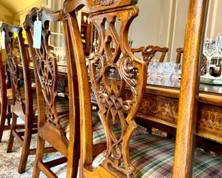 SOLD Chippendale style dining side chair by Bassett with plaid cushion (8 available) -  (each) - 21.5x19.5x41 