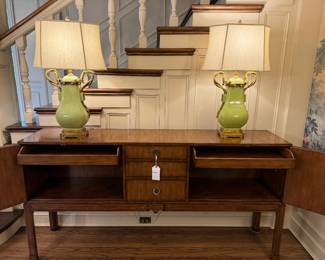 SOLD STUNNING Side Board by Theodore Alexander w/ central drawers and hand-painted cherry blossom folding doors 79”x17”x41”