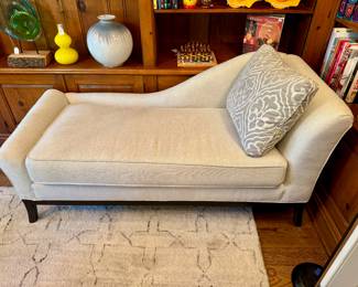 SOLD Chaise Lounge in linen color with herringbone upholstery (2 available); SOLDCustom silk upholstered pillows (2 available) - (each) -23x18; Rug not for sale; Decorative vase- $40 - 12x12.5; Okeechobee large yellow vase - $42; SOLD - Art glass decor