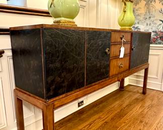 SOLD STUNNING Side Board by Theodore Alexander w/ central drawers and hand-painted cherry blossom folding doors 79”x17”x41”
