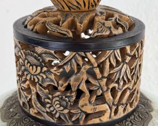 Vintage John Richard Craquelure Porcelain Urn with hand-carved topper and hand-carved wooden base $800 (2 available) 10Dx35H