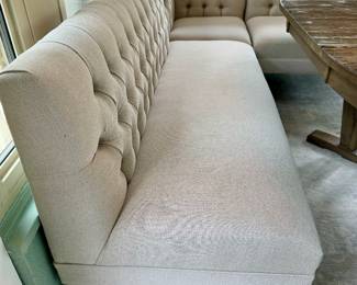 SOLD Kincade Furniture Round Driftwood Table with Leaf  - 44x44x30 (w/leaf 64x44x30) Curved Back Side Chair w/ Linen Upholstery $200 22x19x30 Tufted Upholstery 3-piece Corner Bench Sectional SOLD (25.5x25x33 - corner piece) (bench - 39.5x25.5x33) (other bench 57x25.5x33) 