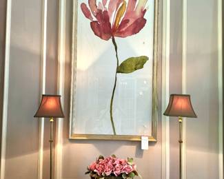 ALL SOLD Buffet lamps dark brass with dark stone base (2 available) - (each) - 26 tall to shade; Royal Albert teacup and saucer (6 available)- SOLD); floral piece - SOLD; Decorator print floral panel 2 - SOLD - 26x51.5