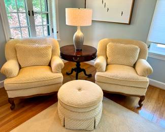 SOLD Highland House club chair with lumbar pillow upholstered in quoted maize velvet (2 available) - 38x40x37; SOLD Highland House round ottoman with skirt upholstered in quilted maize velvet - 26x16; SOLD Round drum style table by century - 32x29; Dinah gray textured lamp by Uttermost (retails for $450) -$270 - 18.5x30.5; painting not for sale