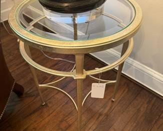 SOLD-Brushed Gold, metal base with glass top drink table -  - 19x24.5