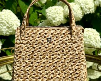 SOLD - Eric Javits  Woven Handbag w/chain and leather strap: 7x4x6