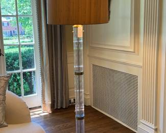 SOLD STRIKING Sculpted Glass and Brass Floor Lamp with custom grass cloth  shade. 65” H