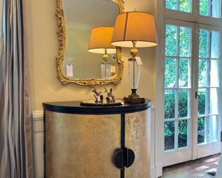 SOLD Hooker Furniture - half-barrel, 2-door cabinet, with gold leaf, linen doors- 42”L x 20”W x38” H