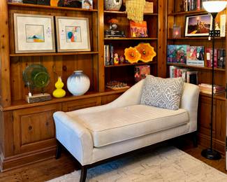 SOLD Chaise Lounge in linen color with herringbone upholstery (2 available) -(each); SOLD - Custom silk upholstered pillows (2 available) - (each) -23x18 