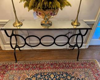 SOLD Bronze Iron Circle Console with Distressed Mirror and Gold Top Finish - (seen online for $1564) - 60 x 16 x 33.5  
