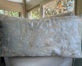SOLD Beautiful Custom Silk Chinoiserie Pillow, 29x16, 2 available