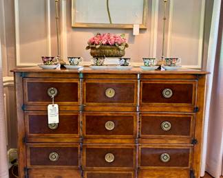 ALL SOLD Henredon 3 drawer chest with blocked front and scroll feet - SOLD - 49x21x36; buffet lamps dark brass with dark stone base (2 available) - (each) - 26 tall to shade; Royal Albert teacup and saucer (6 available)- SOLD; floral piece -SOLD