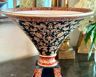 Large pedestal chinoiserie bowl - $350 - 16dx14h. Minor chip in left pedestal as shown. 