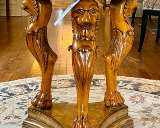 SOLD Maitland Smith Wood-carved Lion Head Pedestal Table - (minor wear on top) 24Dx30H