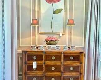 SOLD Henredon 3 drawer chest with blocked front and scroll feet - 49x21x36; SOLD buffet lamps dark brass with dark stone base (2 available) - $150 (each) - 26 tall to shade; Royal Albert teacup and saucer (6 available)- SOLD; floral piece - SOLD; Decorator print floral panel SOLD - 26x51.5