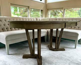 SOLD Kincade Furniture Round Driftwood Table with Leaf - 44x44x30 (w/leaf 64x44x30) Curved Back Side Chair w/ Linen Upholstery $200 22x19x30 Tufted Upholstery 3-piece Corner Bench Sectional SOLD (25.5x25x33 - corner piece) (bench - 39.5x25.5x33) (other bench 57x25.5x33) 