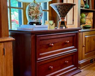 SOLD Wildwood hand painted porcelain table lamp - - 17x24h; large pedestal chinoiserie bowl - $350 - 16dx14h; Hexagon mirror - $24 - 12x10.5; Wood 2 drawer file cabinet - SOLD- 41x20x28.5