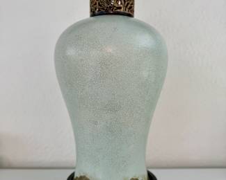 Vintage John Richard Craquelure Porcelain Urn with hand-carved topper and hand-carved wooden base $800/each  (2 available) 10Dx35H